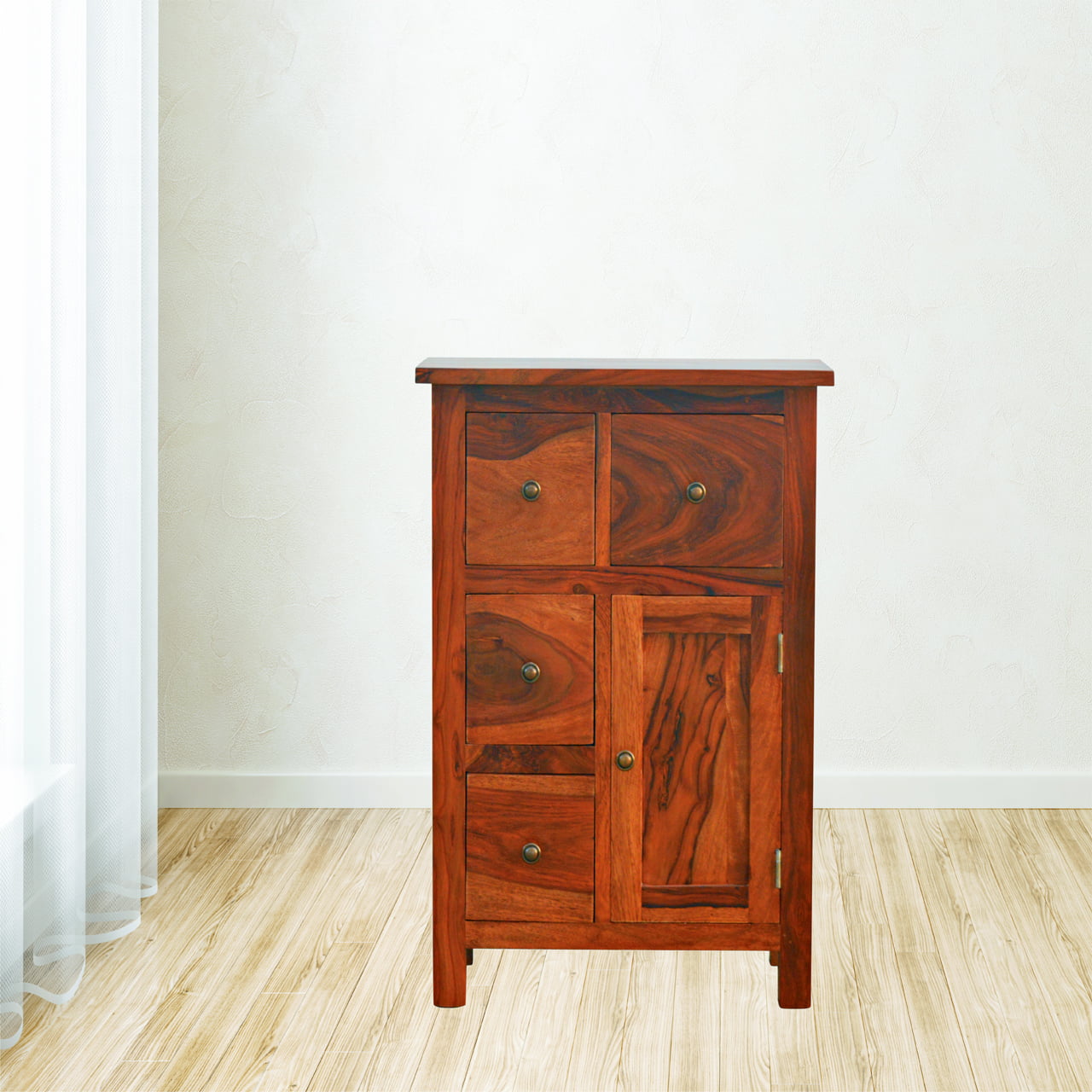 Sheesham Wood Cabinet With 4 Drawers And 1 Door Amvico
